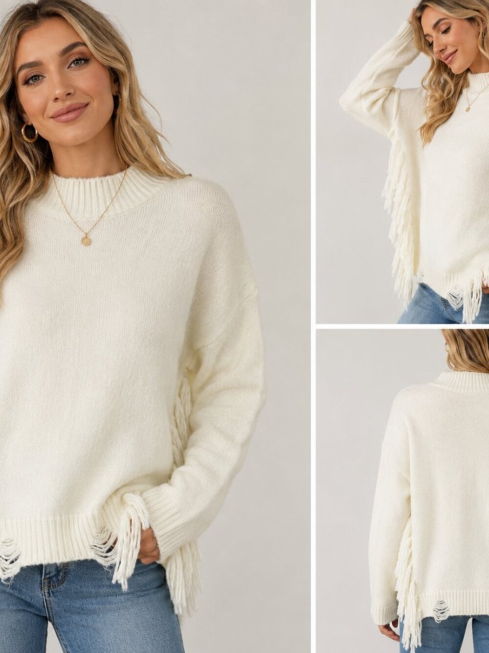 C&V Chelsea & Violet Fringe Knit Sweater Ivory Cream Size M NWT Boho